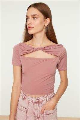 Rose pink top with twisted boat neck 