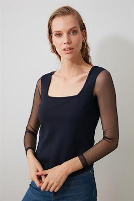 Navy Blue Blouse With Net Sleeves