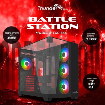 Thunder Battle Station TGC-666 Black ATX PC Case with 3 sided glass