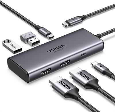 UGREEN 15852 Revodok 206 6 in 1 USB-C Hub Dual HDMI, 8K Display, 100W Power Delivery, 5Gbps