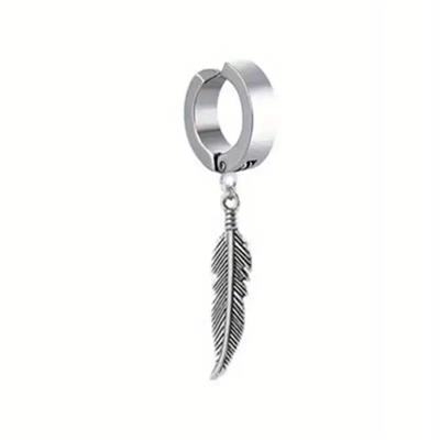 Trendy Feather Silver Stainless Steel Men's Earrings and Ear Clips