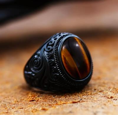 Black Carved Pattern Alloy Ring With Tiger Eye