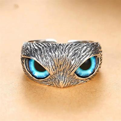 Vintage Owl Adjustable Ring with Blue Gemstone Eyes 