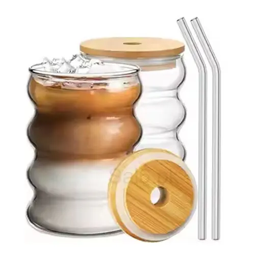 Coffee Glass Cup with Lid and Straw