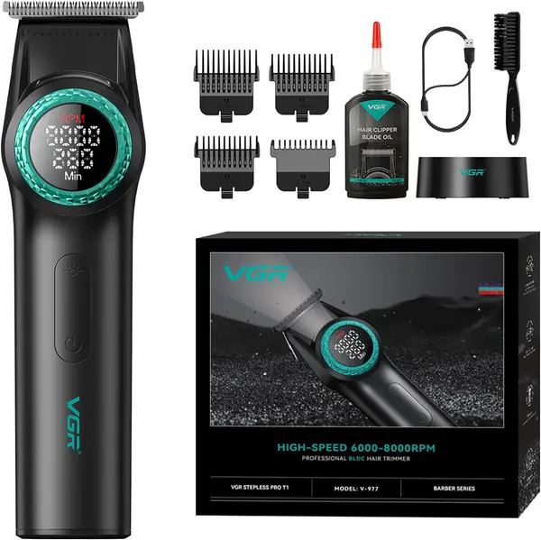 VGR V-977 Professional Men's Hair Trimmer for Men with 300min Long Runtime | 2500mAh Lithium Battery | Stepless 21-Speed Control with 8000 RPM Powerful BLDC Motor | LED Display