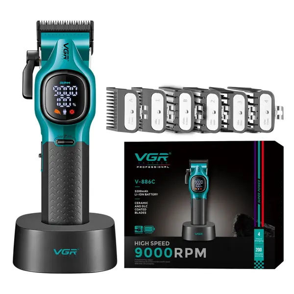 VGR V-886C Professional Hair Clipper Ceramic & DLC Coated Blades, 6 Metal Guide Combs, Multi-Cut Taper Clipper for Grooming