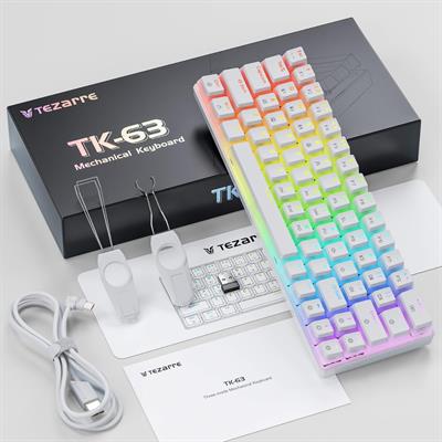 Tezarre TK63 Optical Wireless Keyboard Bluetooth/2.4G/USB Wired 60% Mechanical Gaming Keyboard RGB Backlit PBT Pudding Keycaps Hot-Swappable (Gateron Optical Red Switch, White)