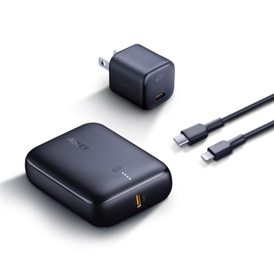 Aukey On The Go Bundle I Mini 20W PD Wall Charger Portable 10000mAh PD Power Bank Nylon Braided 1.2m USB-C To Lightning Cable ( TK-2 )