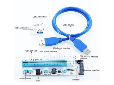 High Quality VER008s PCI-E Riser Card | PCI Express 1X to 16X Extender + USB 3.0 Cable / 6Pin Power 
