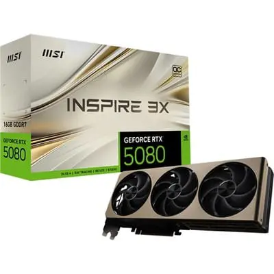 MSI GeForce RTX 5080 16G INSPIRE 3X OC Graphics Card, 2655MHz Extreme, 2640MHz Boost, 16GB GDDR7, PCIe Gen5, 256-bit, DisplayPort x3, HDMI x1