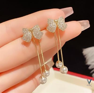 GOLD BUTTERFLY SMALL DIAMONDS LONG PERAL EARRINGS ...
