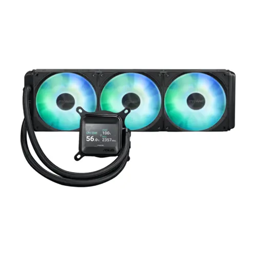 ASUS Prime LC 360 ARGB LCD all-in-one CPU liquid cooler with sharp screen showcasing CPU & GPU information with different background, high-performance Asetek pump armed with robust motor, daisy-chainable fans