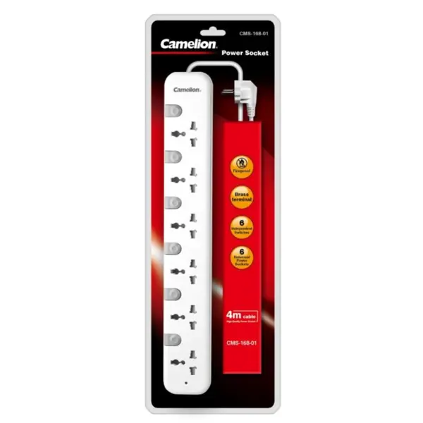 Camelion CMS-168-01 Safety Power Extension Strip with 6 Universal Sockets, Individual Switches, Fuse Protection, and 4 Meter Heavy-Duty Cable (White)