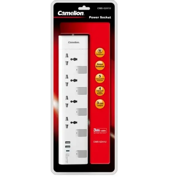 Camelion CMS-G241U Power Extension Strip with 4 Sockets & 2 USB Ports, 3 Meter Cable (White)