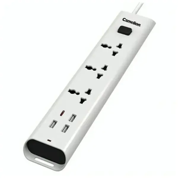 Camelion CMS-M904UC Safety Power Extension Strip with 3 Universal Sockets, 4 Smart USB Ports (including 1 Type-C), Overload Protection, and 3 Meter Heavy-Duty Cable (White)