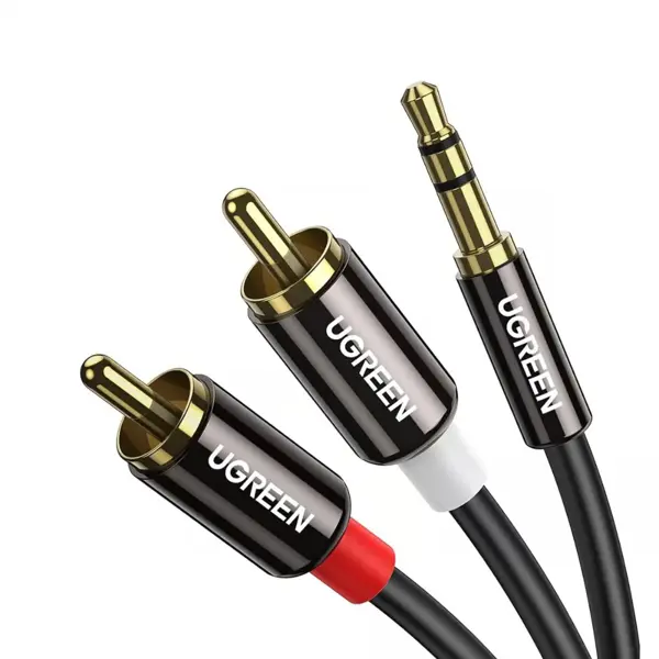 UGREEN 10590 – 3.5 mm Jack to Dual RCA Audio Cable (3.0 m) | Gold-Plated Connectors | For Speakers, Amplifiers & AUX Devices