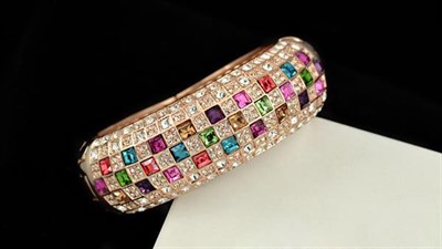18K Rose Gold Plated Multicolor Austrian Crystals Paved Cuff Bangle