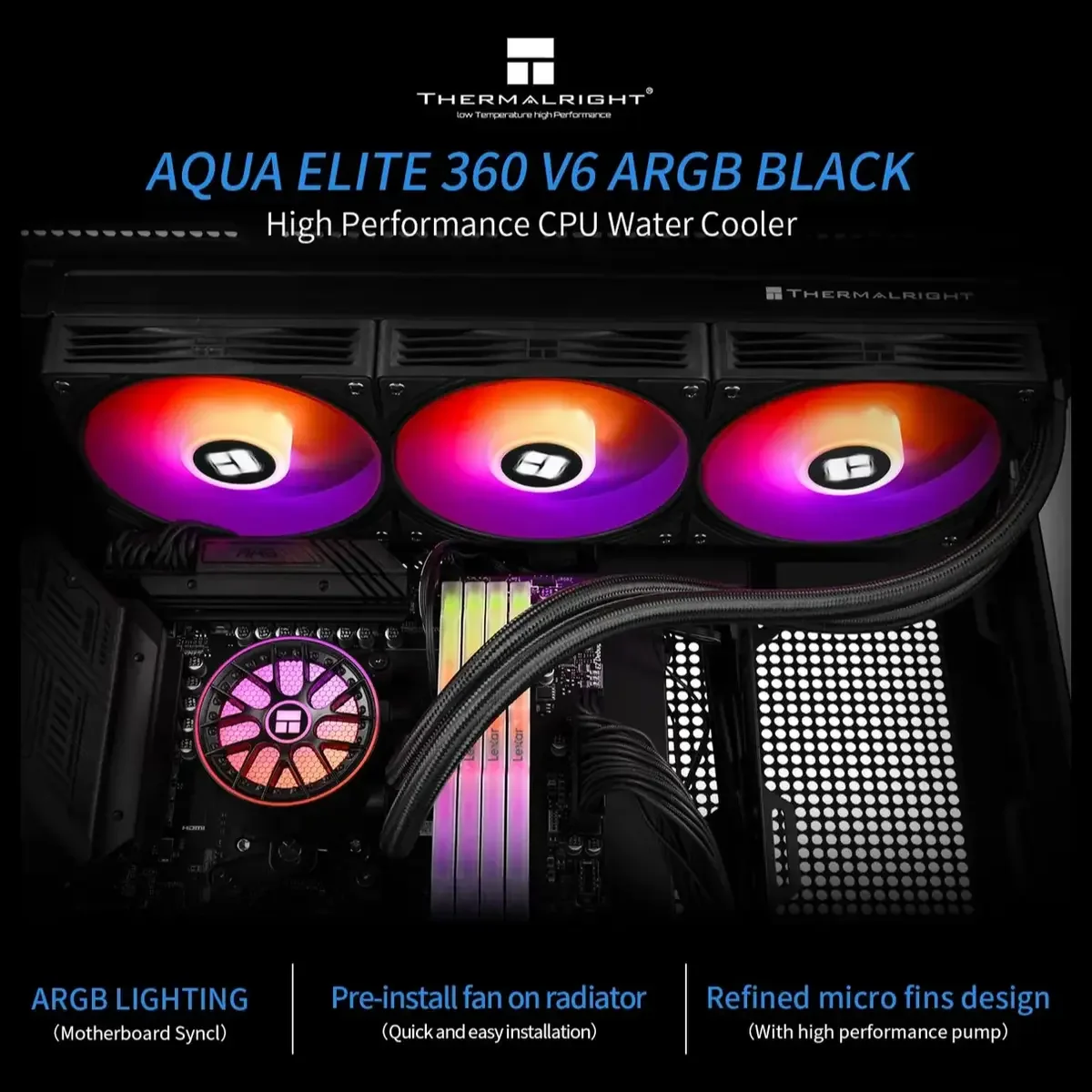 Thermalright Aqua Elite 360 V6 ARGB CPU Liquid Cooler, 360mm Radiator, 3x120mm ARGB Fans, 2800RPM Pump, Black