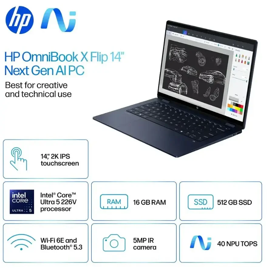 HP OmniBook X FlipNGAI 14-FM0013DX Laptop, Intel Core Ultra 5 226V, 16GB LPDDR5x, 512GB PCIe Gen4 NVMe M.2 SSD, Windows 11 Home, Backlit Keyboard, 14″ 2K Touchscreen, Atmospheric Blue