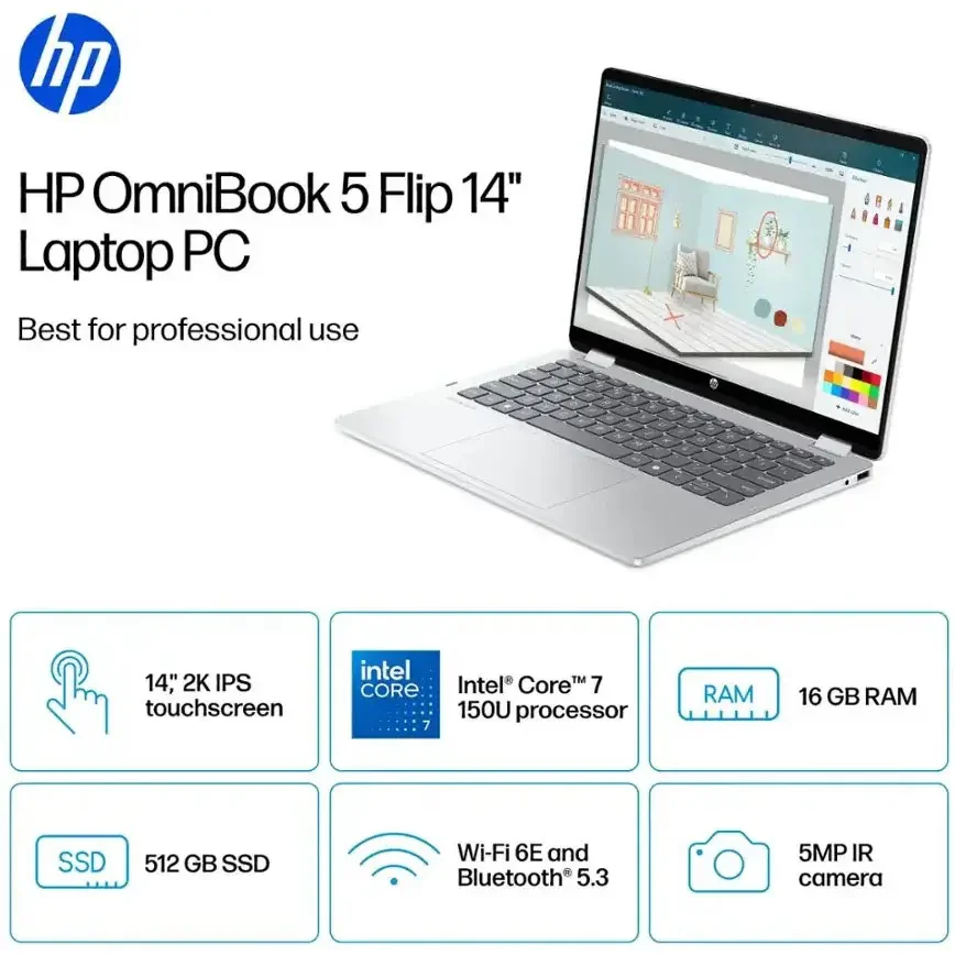 HP OmniBook 5 Flip 14-FP0023DX 2-in-1 14" 2K x360 TouchScreen Laptop | Intel® Core™ 7 150U 16GB DDR5 512GB SSD Backlit KB 14" FHD+ Touchscreen | Glacier Silver