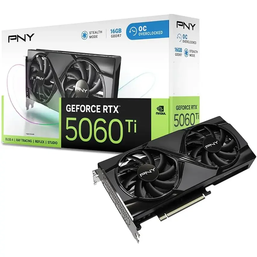 PNY NVIDIA GeForce RTX 5060 Ti OC Dual Fan Graphics Card, 16GB GDDR7, 128-Bit, Boost 2692MHz, PCIe 5.0, HDMI and DP 2.1, 2-Slot, VCG5060T16DFXPB1-O